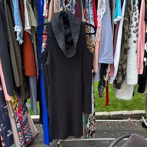 Black Sleeveless Knit Dress with Cowl Neck